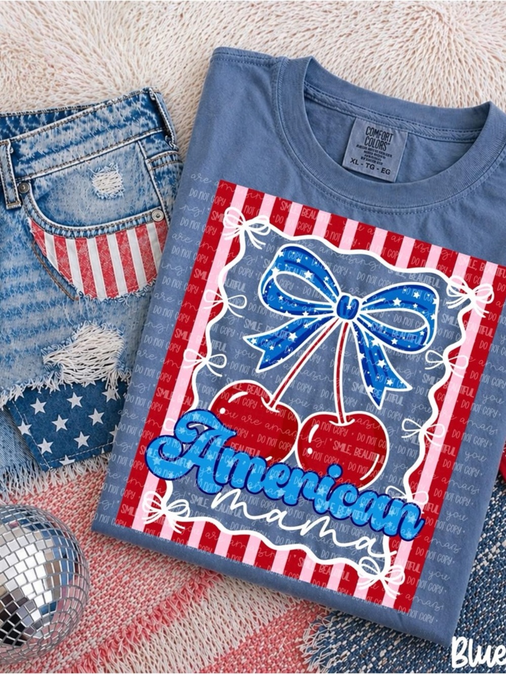 Comfort Colors Blue Tshirt Patriotic Bow & Cherries Graphic American Mama 2X 3X